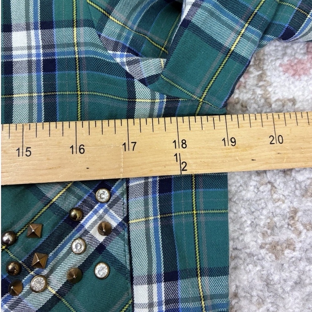Zara Woman's Green Plaid Western Shirt Rhinestone Embellished Studded Collar - Picture 3 of 8